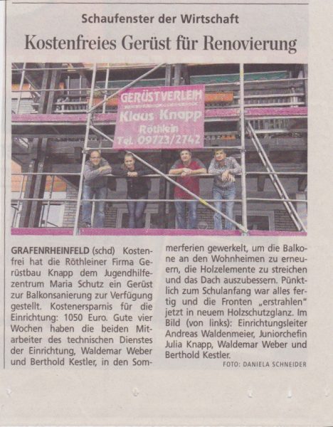 Presseartikel über das kostenlose Gerüst für das Jugendhilfezentrum Maria Schutz